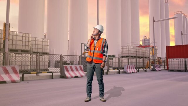 Full Body Of Asian Male Engineer With Safety Helmet Thinking About Something And Looking Around While Standing at Storage Facility with IBC Totes, Large Silos at Sunset