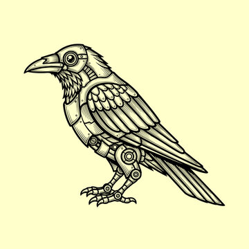 Steampunk mechanical raven illustration - intricate robotic bird art