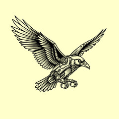 Fototapeta premium Steampunk Raven Illustration A Mechanical Bird with Intricate Gears and Wings