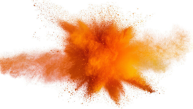 Isolated dynamic vibrant orange color powder explosion for abstract energetic designs