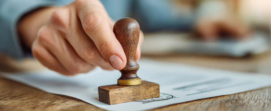 Hand places wooden stamp on document in office setting during daytime work hours