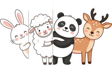 Obraz premium Cute Woodland Animal Characters Illustration Featuring Bunny Sheep Panda and Deer for Children Design Projects