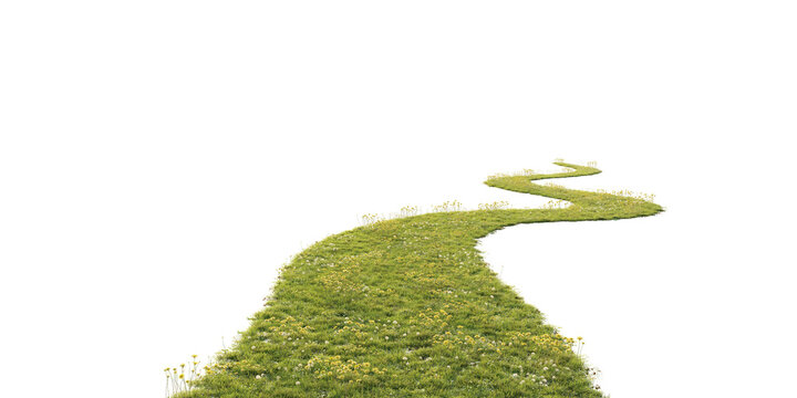Curved grassy terrain path isolated on transparent background for landscape design and game environment asset. 3D rendering.