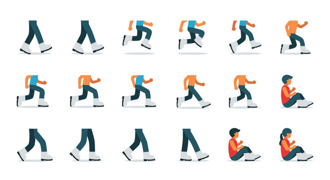 Sequential animation frames showing the character movement of a man walking, running, and eventually sitting down on the ground slowly.