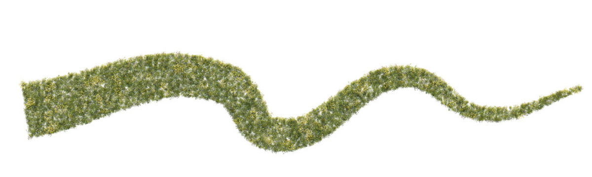 Curved grassy terrain path isolated on transparent background for landscape design and game environment asset. 3D rendering.