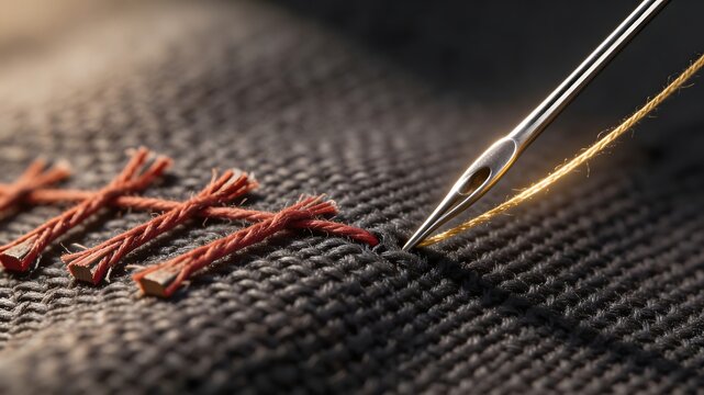 Macro economic decoupling background with needle repairing torn dark fabric