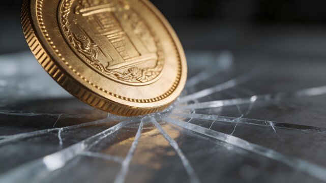 Abstract inflation concept with heavy gold crushing delicate clear ice
