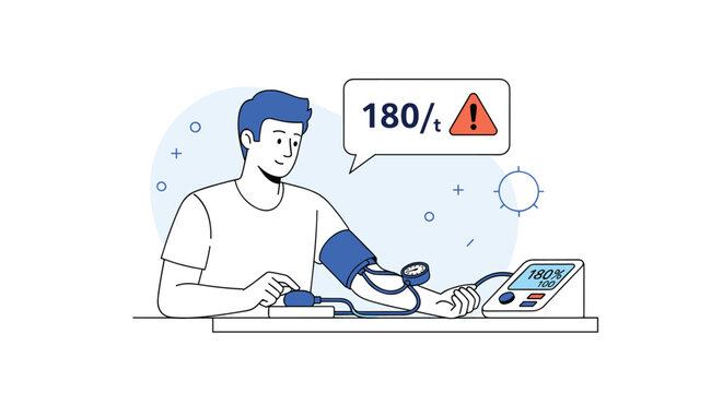 Concerned young man monitors his high blood pressure levels at home using an electronic tensiometer showing a warning signal.