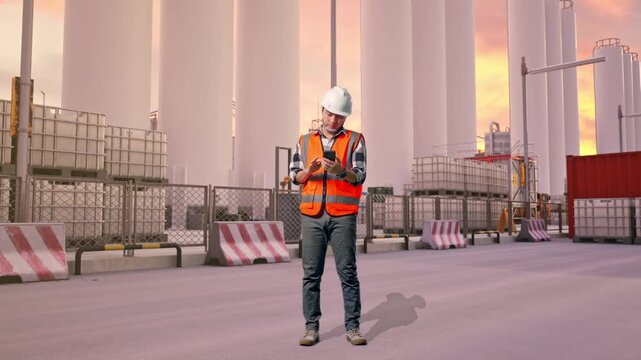 Full Body Of Asian Male Engineer With Safety Helmet Using Smartphone While Standing at Storage Facility with IBC Totes, Large Silos at Sunset