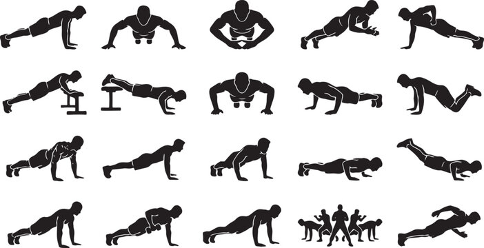 20 Push-up Workout Silhouettes - Bodyweight Strength Training Icons.