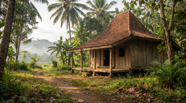 Traditional old wooden house in rural Java Indonesia
