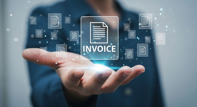 Digital Invoice: A person presenting a digitally rendered invoice, symbolizing electronic billing and financial transactions. Embracing the future of seamless and paperless commerce.