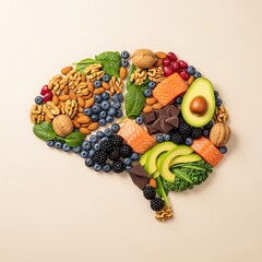 Brain silhouette formed with healthy foods like salmon, berries, nuts, and avocado