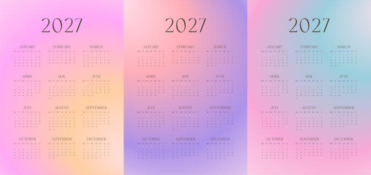 Pastel Gradient 2027 Calendar Template. Monday Start One Page Annual Calendar with Elegant Typography and Soft Color Background.