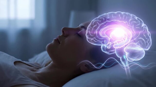 Brain activity during sleep stages, animated neural wave visualization on sleeping woman in bedroom