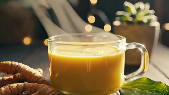 Hot Steaming Mug of Golden Turmeric Milk with Fresh Roots on Rustic Wooden Table