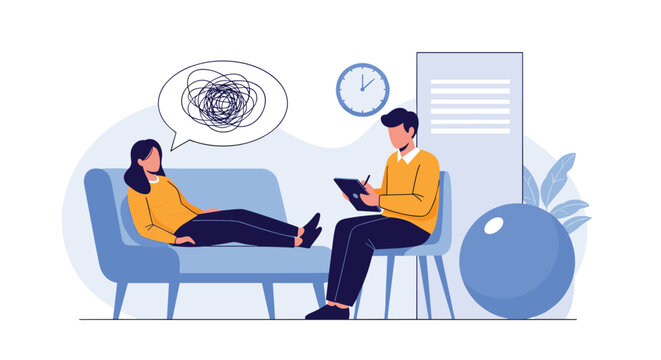 Mental health therapist taking notes during counseling session with woman patient resting on couch in calm office.