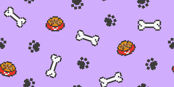 Pixel art dog paws, bones, foods pattern , 8 bit classic concept pattern design for pet food packaging, fabric, background, wallpaper.