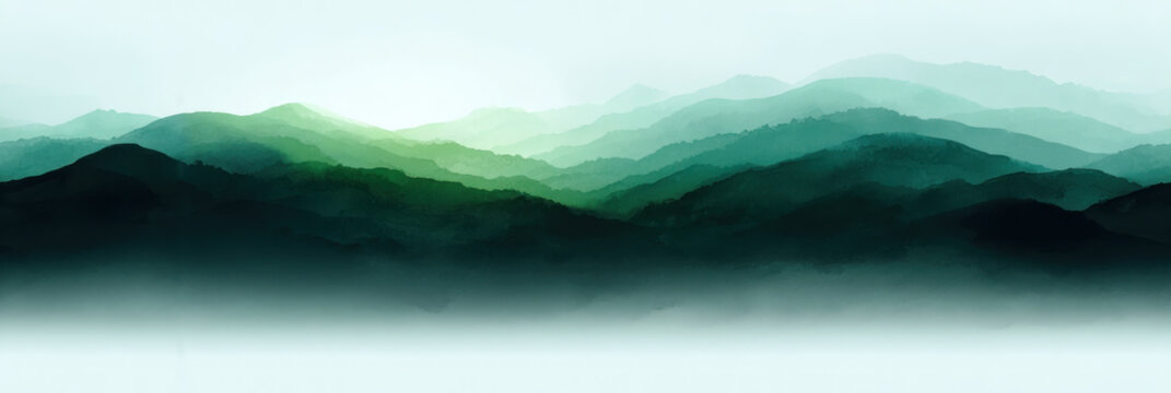 Seamless watercolor mountain landscape with layered green hills and soft mist. Panoramic abstract nature background with atmospheric depth and tranquil gradient tones