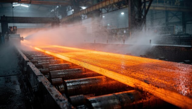 Medium shot of a glowing hot steel strip on a runout table with heavy cooling mist softly blurring the background emphasizing the intense heat and industrial environment.