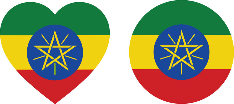 Ethiopia National Flag Heart and Circle Shape Vector Icons Representing Patriotic Identity and Cultural Pride Symbolism