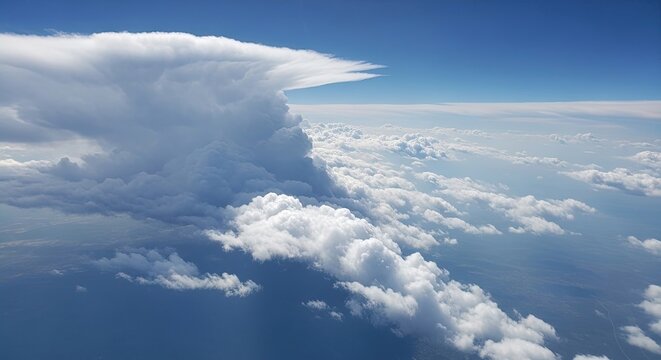 Aerial view of towering cumulus clouds in a blue sky with fluffy white clouds
