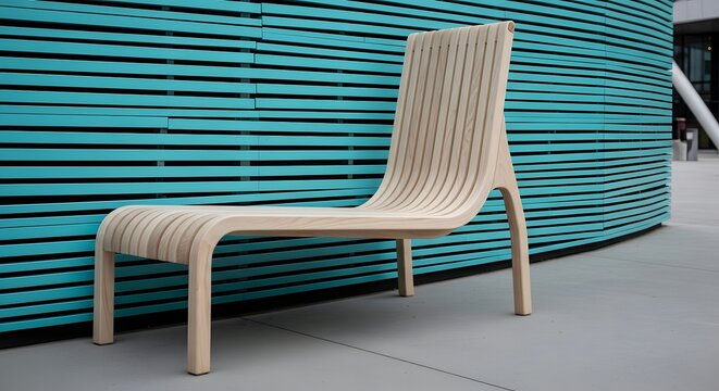 Modern slatted wooden bench against teal architectural background