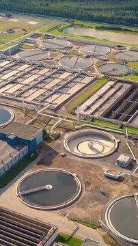 Aerial View of Modern Wastewater Treatment Plant. Vertical video
