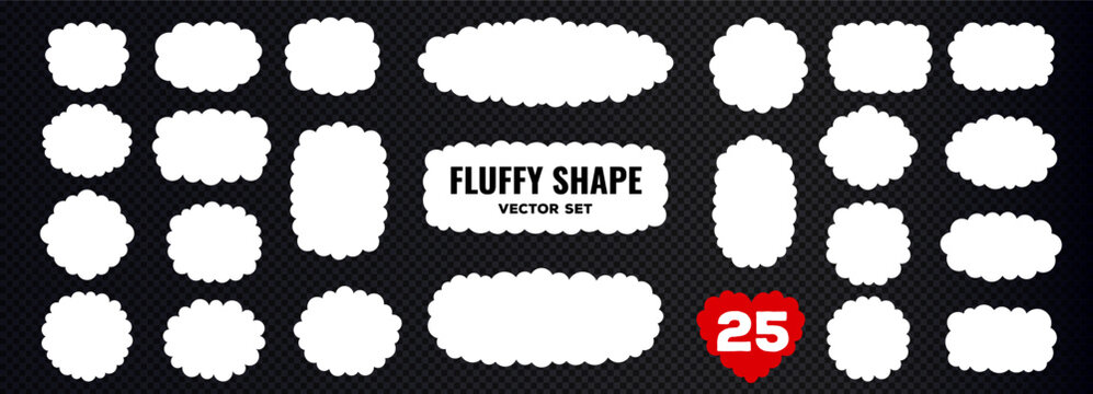 White fluffy cloud shapes and frames set isolated on dark background. Cute round label elements and flat speech bubbles. Simple vector collection for design.