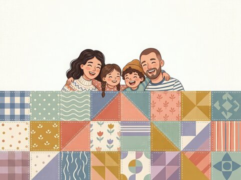 A happy family of four peeking over a colorful patchwork quilt or blanket with various patterns and textures on a white background