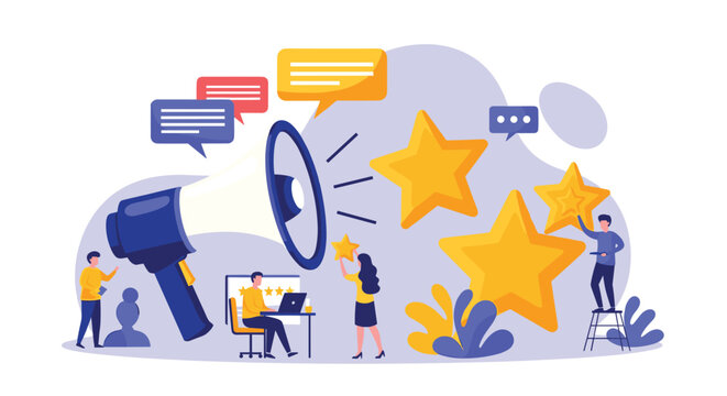 Marketing professionals managing customer feedback and brand reputation using a giant megaphone and positive star rating symbols.