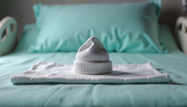 Problems of abandoning children in maternity hospitals, white baby hat on empty hospital bed with copy space