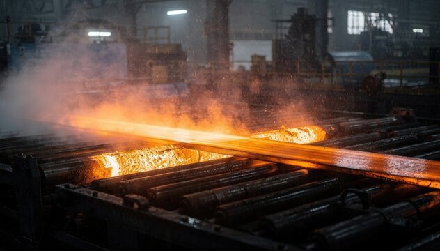 Medium shot of a glowing hot steel strip on a runout table with heavy cooling mist softly blurring the background emphasizing the intense heat and industrial environment.