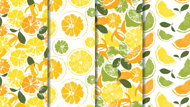 Seamless Citrus Pattern Set with Hand-Drawn Lemon, Lime, and Orange Slices, Vintage Style Lemon and Lime Citrus Pattern Textures for Summer Design. 