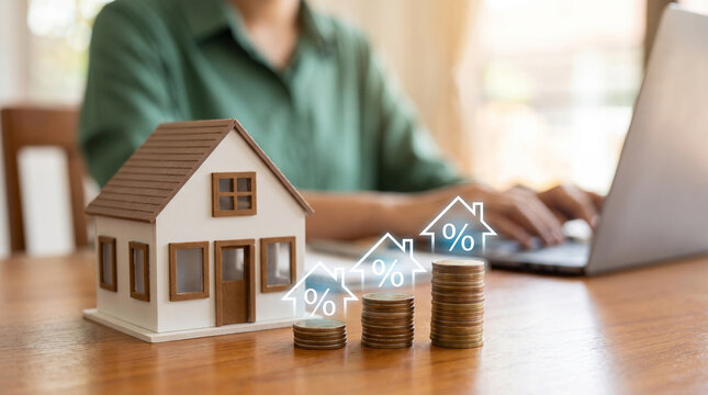 A person calculating housing investment returns with a calculator, coins, and a house model, symbolizing real estate finance.