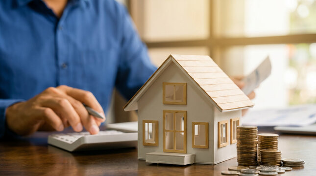 A professional financial advisor calculating housing costs, with coins and a model house, symbolizing home loan management and real estate investment.