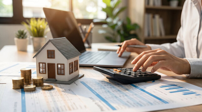 A businesswoman calculating property costs on a laptop, with a house model and coins on the table, symbolizing real estate accounting.
