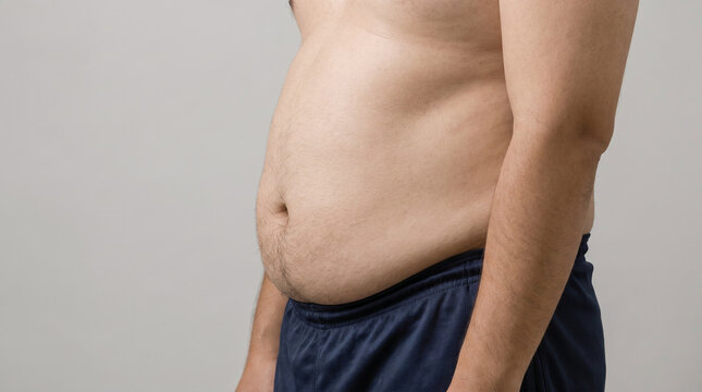 Stomach discomfort, man feeling bloated. Depicts the feeling of fullness, abdominal pain, or digestive distress in a person.