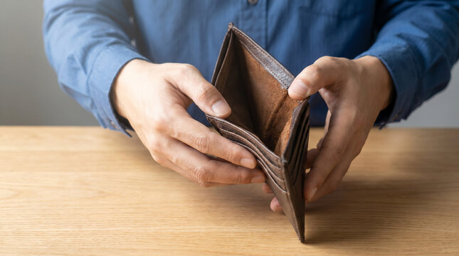 Financial emptiness visualized by a person holding an empty wallet, symbolizing economic hardship, poverty, or financial stress.