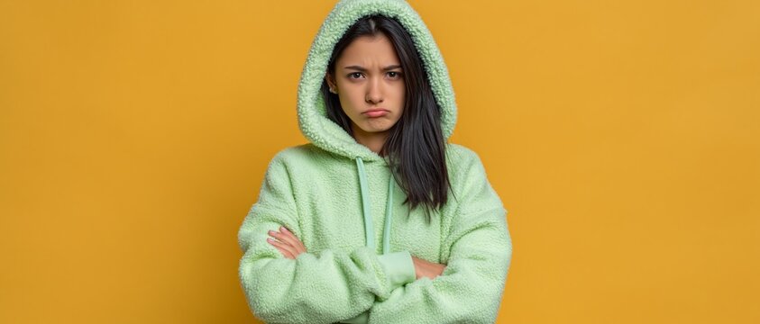 A girl in a green hoodie with an angry expression against a yellow background would be ideal as the main background for articles on the psychology of emotions or teenage conflicts.