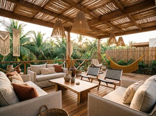 Fototapeta premium Luxury tropical resort hotel with poolside room, elegant lounge, terrace, garden, beach and sea view, outdoor dining, wooden furniture, umbrellas and summer vibe
