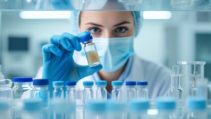 Fototapeta premium A scientist in a lab coat and gloves carefully handles a vial of liquid for IVF and fetal development research, showcasing precision and care in a medical laboratory setting.