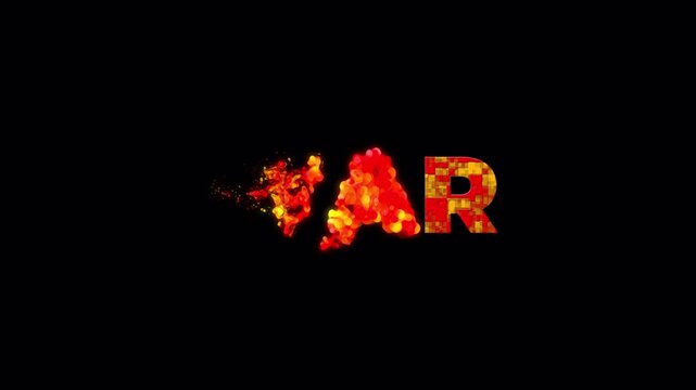 The word "WAR" dissolves, turning into particles with a burning effect. A fiery image of destruction. Concepts of crisis, global events, environmental issues, war, collapse, and dramatic transitions.