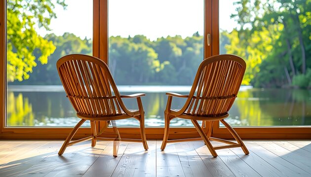 Two empty wicker chairs facing a tranquil lake through a large wooden framed window, warm sunlight creates dappled shadows on the floor, ideal for relaxation concepts
