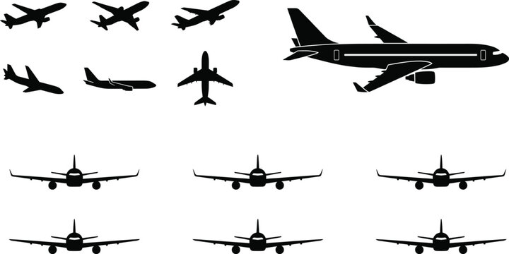 Collection of various airplane silhouettes and aircraft icons from different angles including front side and top views for aviation design
