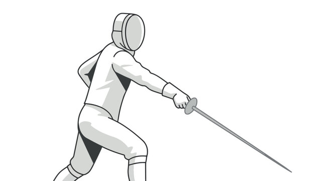 Professional fencer in a traditional white uniform and protective mesh mask holding a foil in a dynamic action stance, high-quality vector illustration isolated on white background.
