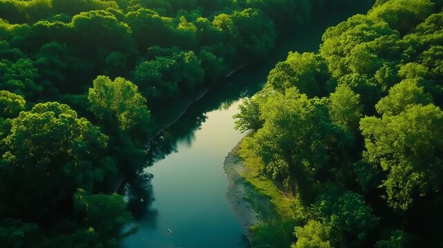 A river flows through dense green trees under clear skies while sunlight reflects on the waters surface