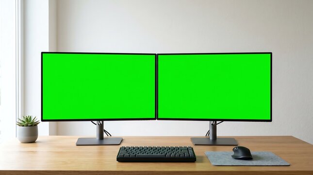 Modern Workspace with Two Green Screen Computer Monitors for Digital Content