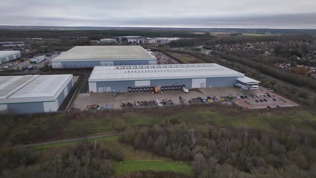 Aerial Drone View of Modern Distribution Warehouse with Loading Docks at Prologis Park Kettering