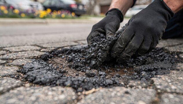 Closeup on hands spreading cold patch mix in small lot potholes during spring with faded colorful flowers and parked cars barely visible behind.